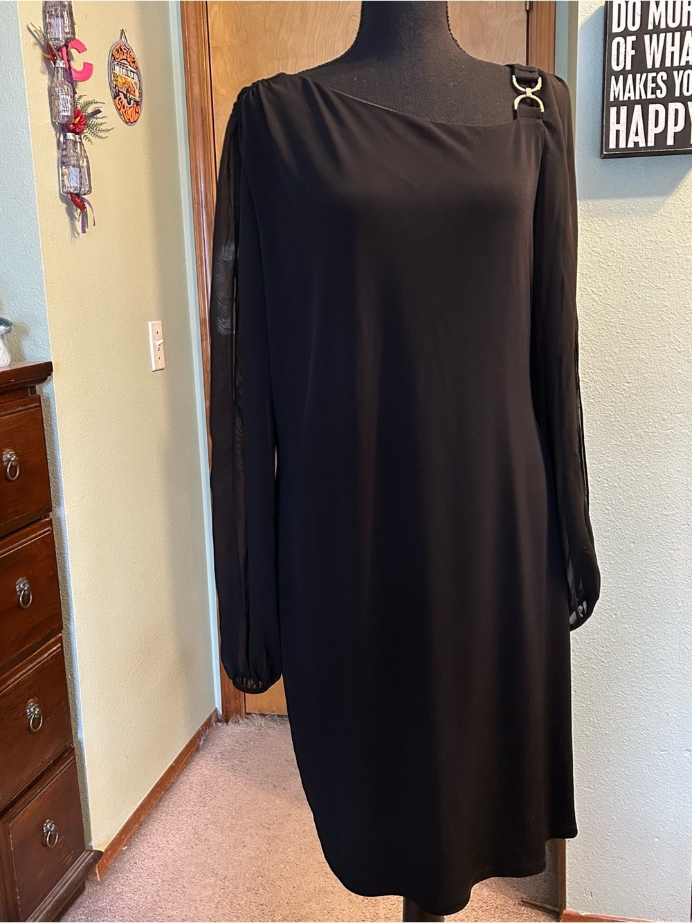 Ivanka Trump black shift dress metal rhinestone accent sheer sleeves w/ slits 14